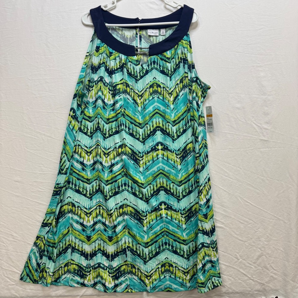Kim Rogers Curvy Womens 3X Blue Splashwave Chevron Sleeveless Shift Dress